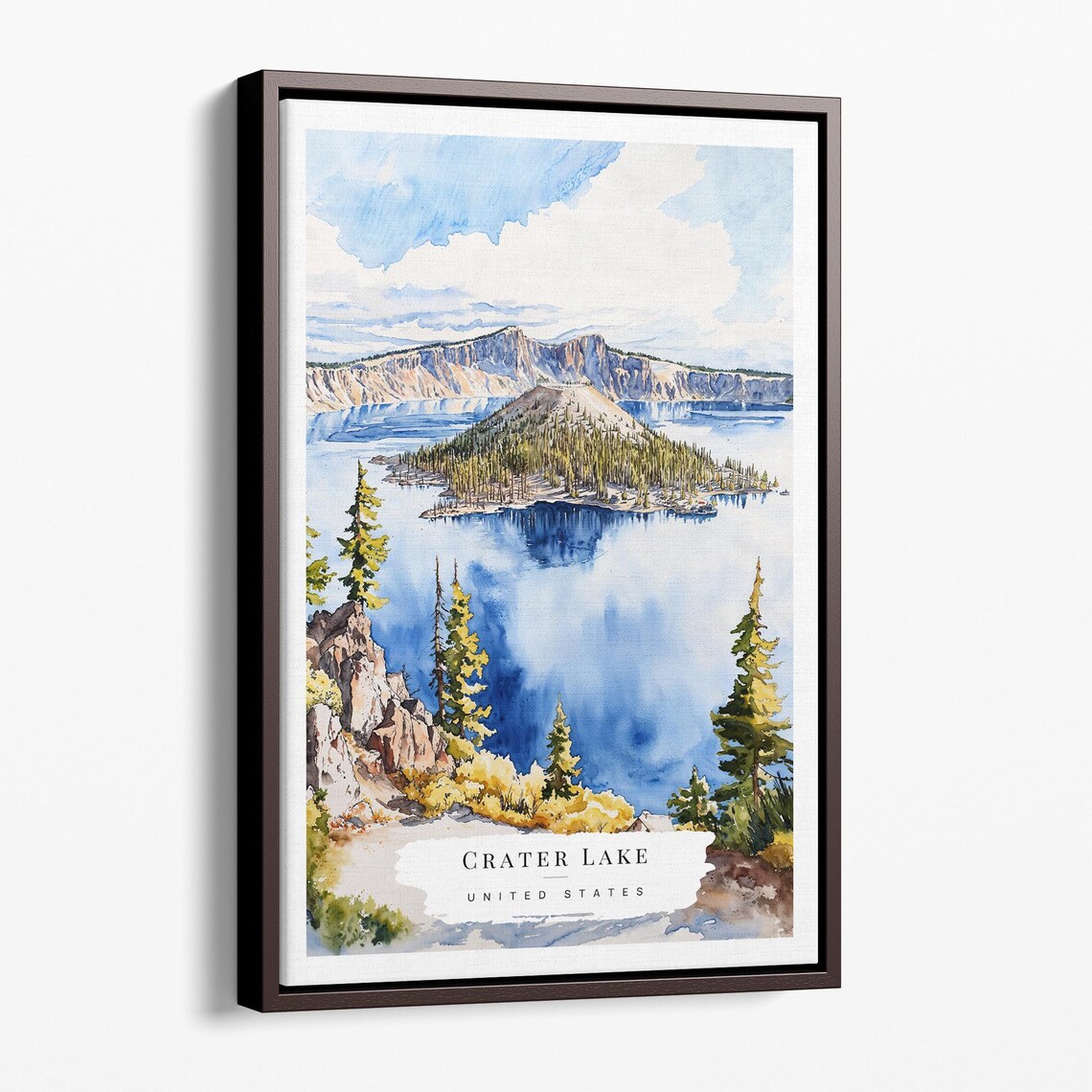 Crater Lake United States Wizard Island Watercolor Travel Poster