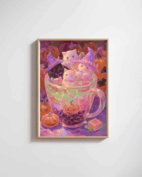 Halloween Cat Art Printcute Witch Kittens In Bubble Tea Cup Posterkawaii Posterhalloween Artcozy Witchy Wall Print