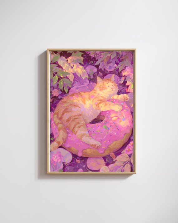 Cat Kitchen Poster Cute Donut Wall Artcozy Lover Gift Pink Dessert Decor Pastel Posterdigital