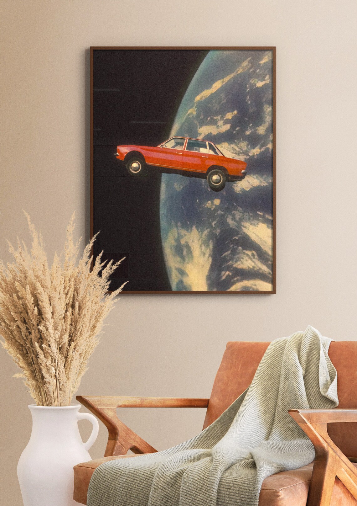 Flying Red Vintage Sedan Above Earth Surreal Retro Futurism Poster - Image 3