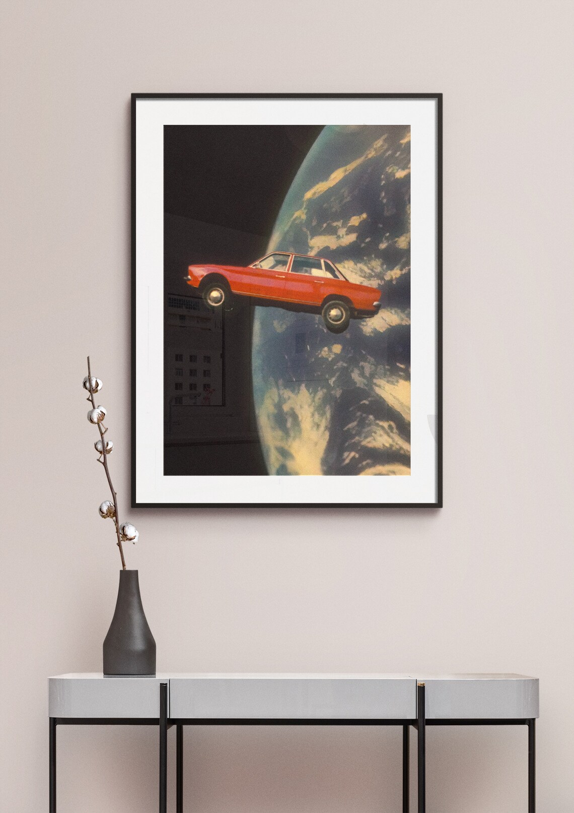 Flying Red Vintage Sedan Above Earth Surreal Retro Futurism Poster - Image 2