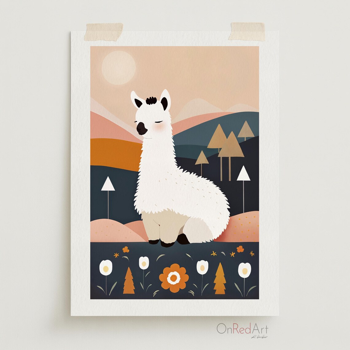 Cute Alpaca Nursery White Llama Scandi Kids Room Wall Art Decor