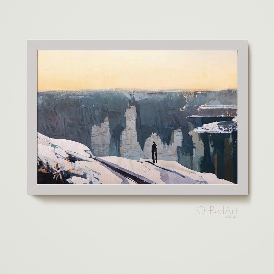 Edgewalker Abstract Cliff Landscape With Lone Figure Minimal Snow Print