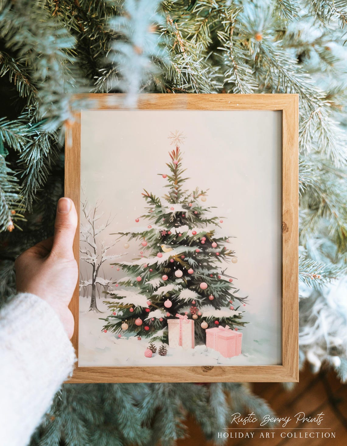 Snowy Christmas Tree Pink Ornaments Gifts Winter Holiday Print