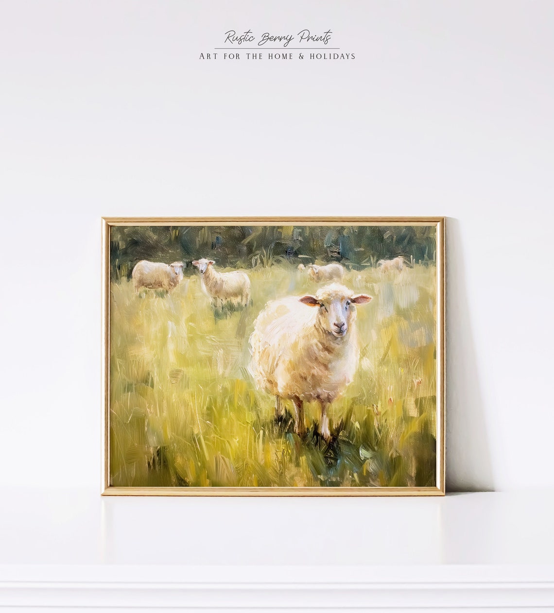 Sheep Flock Grazing In Sunny Green Pasture Vintage Oil Painting Print