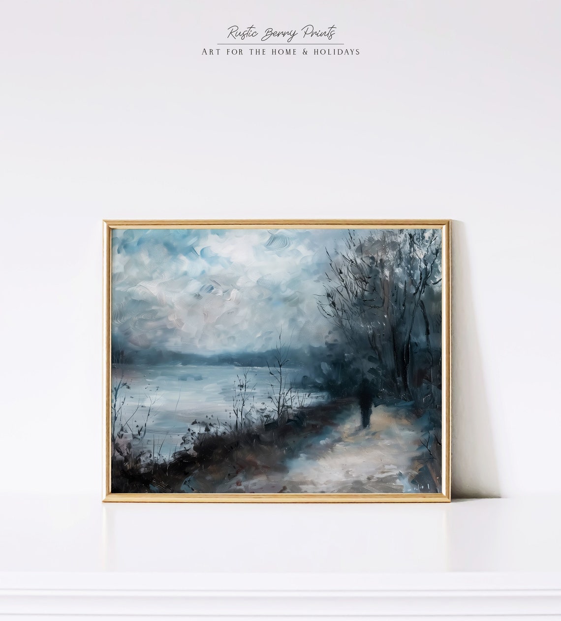 Moody Lakeshore Path Bare Winter Trees Dark Blue Gray Landscape Poster