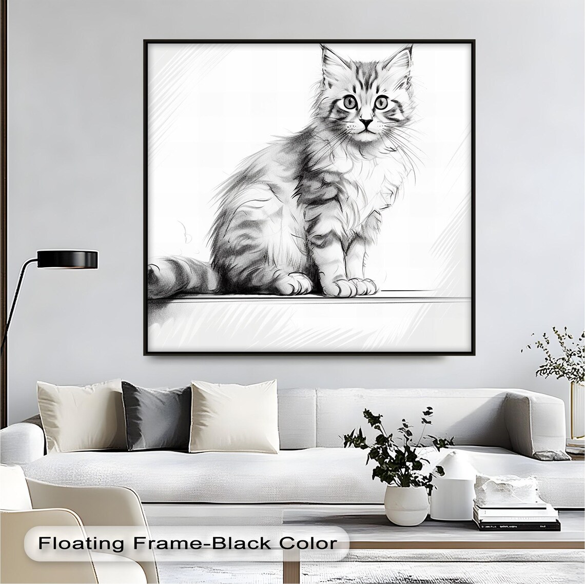 Minimalist Kitten Sketch Black White Pencil Art Cute Cat Poster