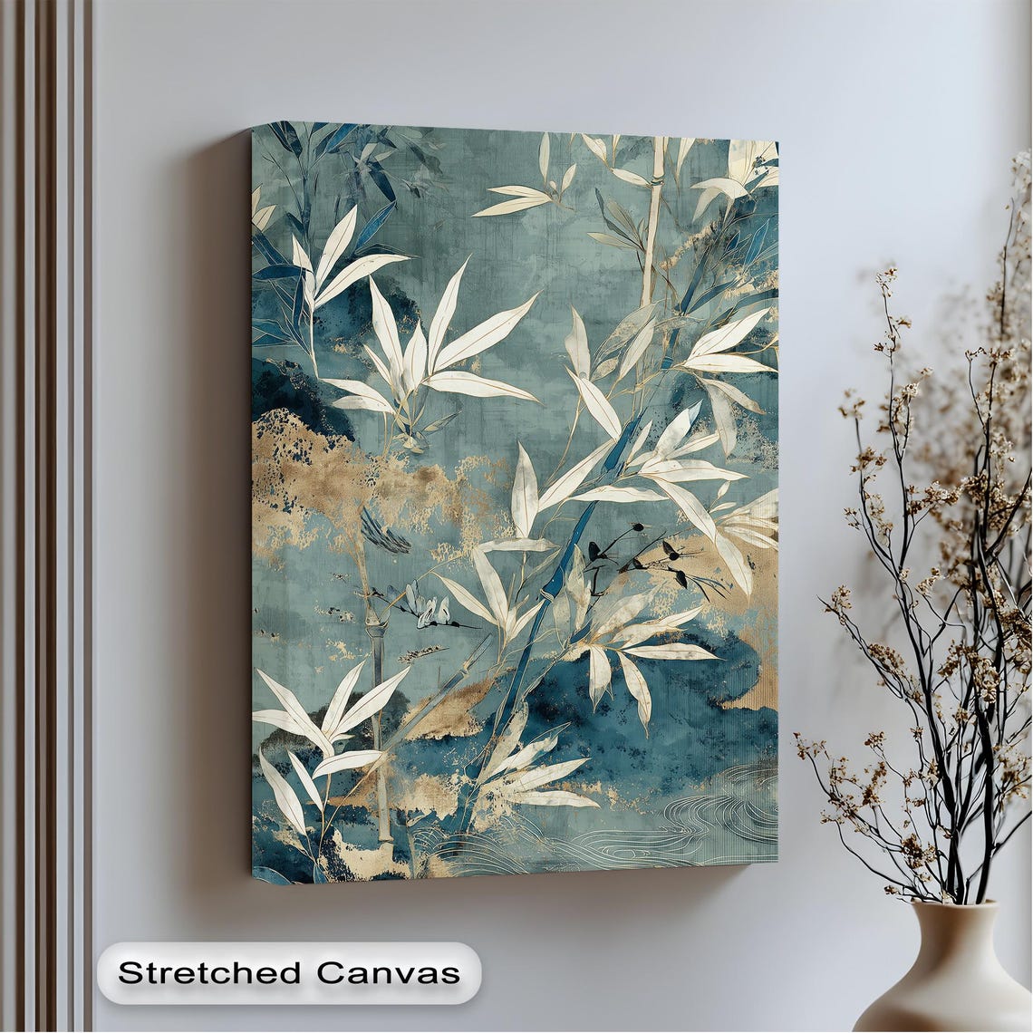 Blue Gold Bamboo Leaves Japandi Botanical Canvas Teal Wall Art