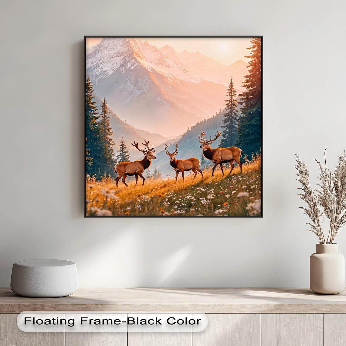 Sunset Elk Herd in Alpine Meadow Snowy Mountain Landscape Poster