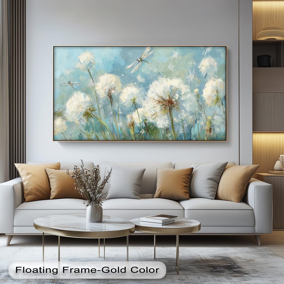 White Dandelion Field With Dragonflies Panoramic Blue Floral Wall Art