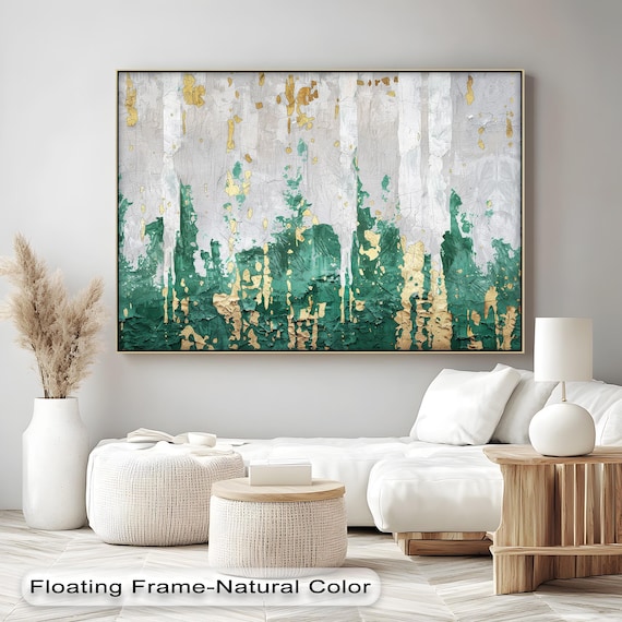 Green Gold Abstract Canvas Art Textured Modern Painting With Natural Frame