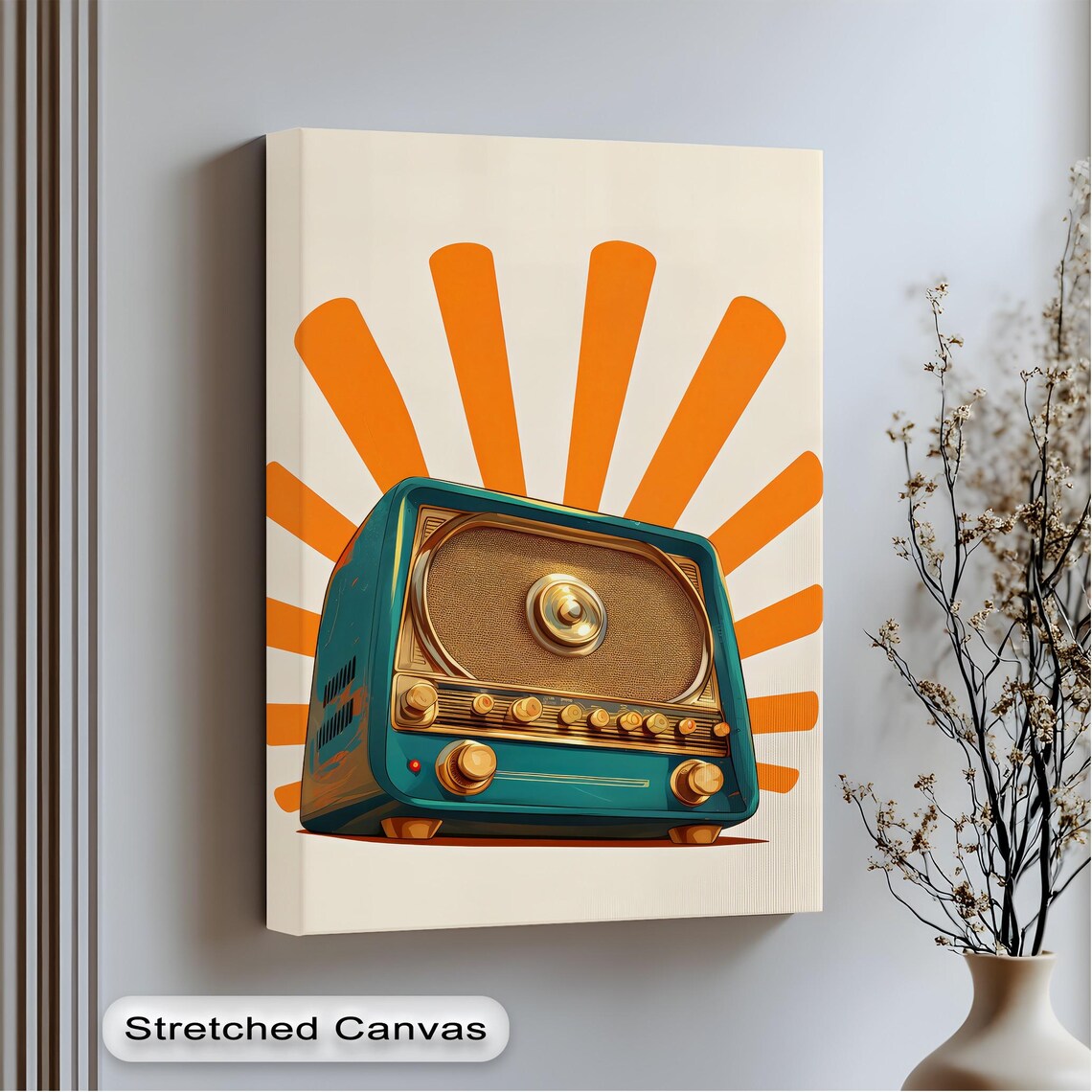 Retro Teal Radio Bold Orange Sunburst Midcentury Kitchen Poster