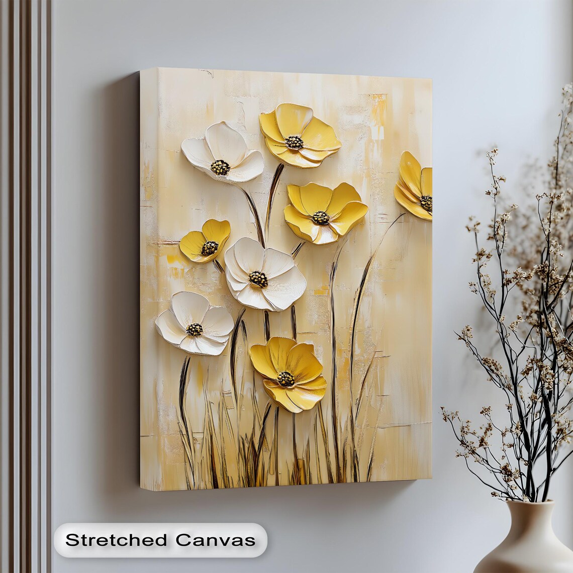 Yellow White Flowers Textured Impasto Floral Canvas Oil Wall Art