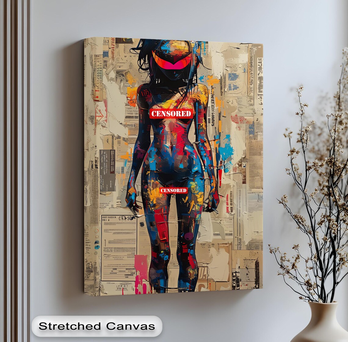 Graffiti Woman Censored Street Art Newspaper Collage Bold Canvas Poster