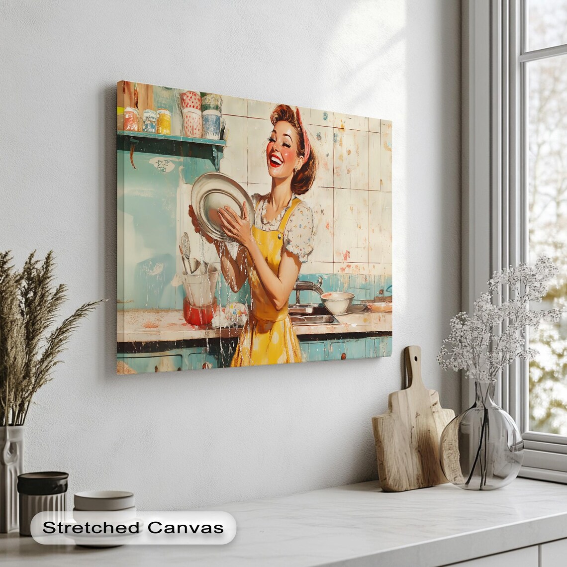Retro 1950s Housewife Washing Dishes Vintage Kitchen Wall Poster