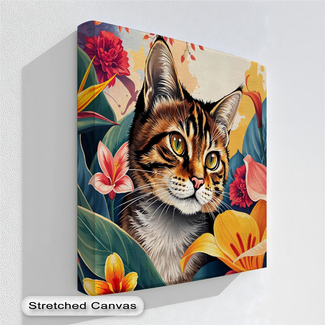 Tropical Tabby Cat Jungle Flowers Exotic Colorful Feline Canvas Poster