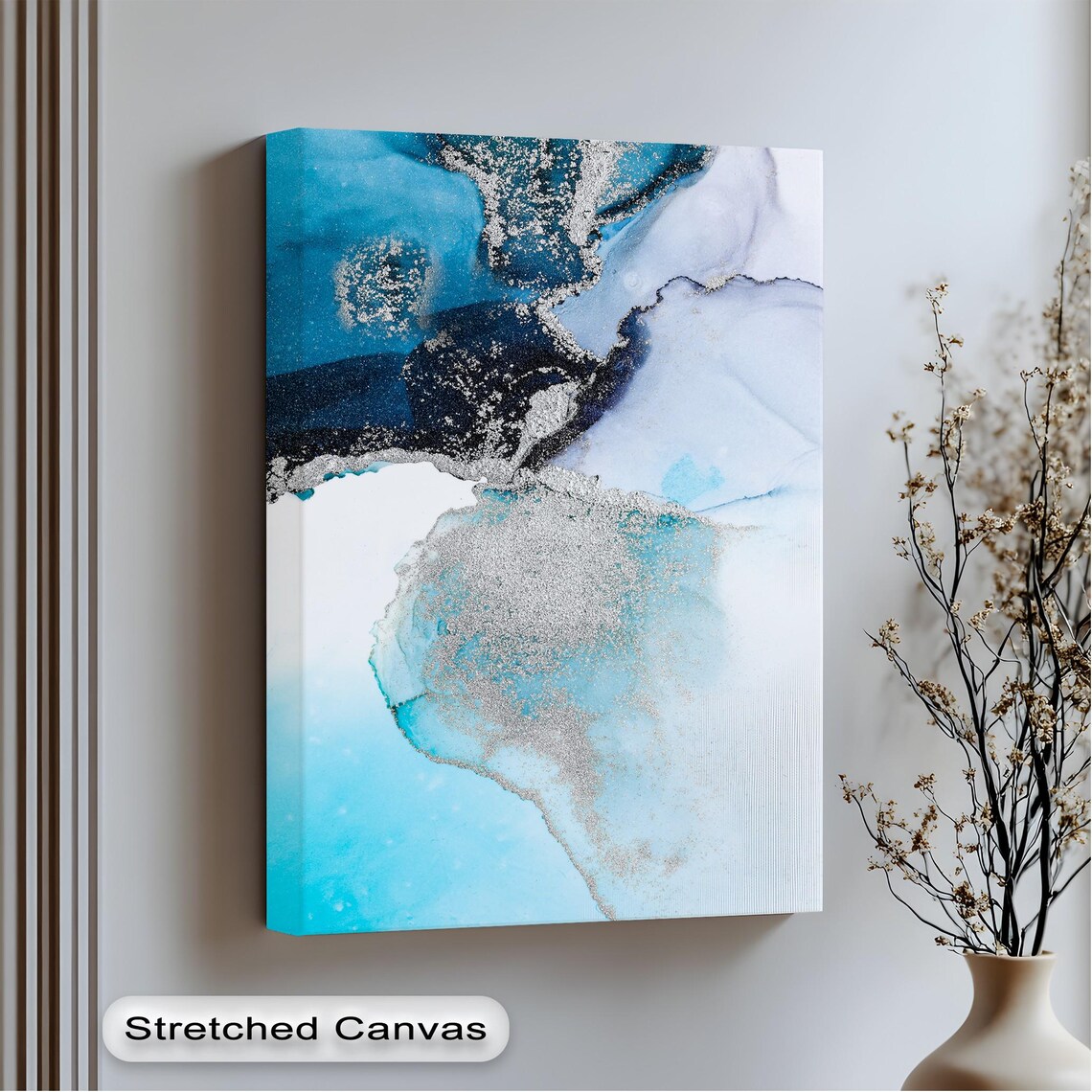 Turquoise Abstract Canvas Art Silver Frame Metallic Accents
