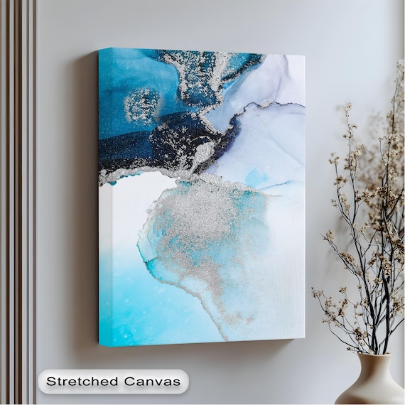 Turquoise Abstract Canvas Art Silver Frame Metallic Accents