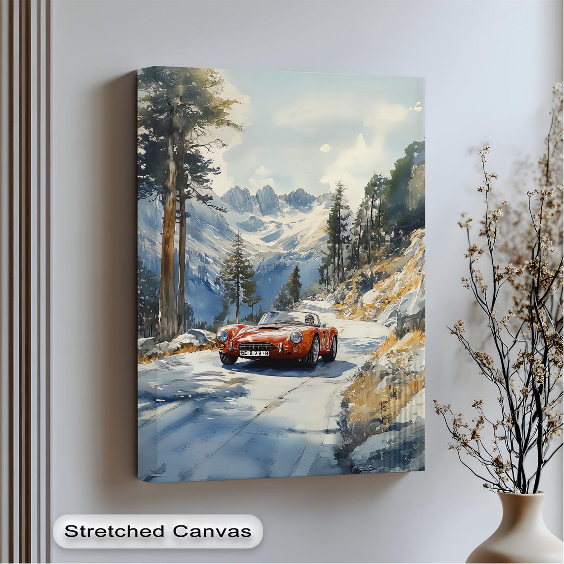 Red Sports Car Canvas Art Mountain Road Scene Gold Floating Frame
