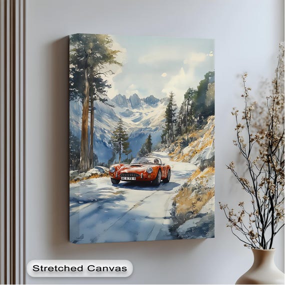Red Sports Car Canvas Art Mountain Road Scene Gold Floating Frame