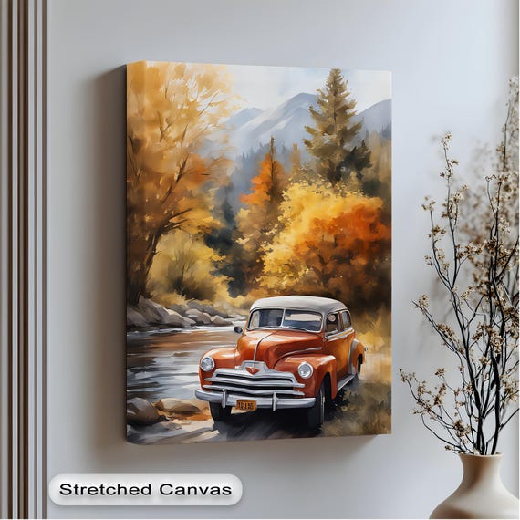 Red 1940s Classic Car Mountain Stream Autumn Painterly Art Poster