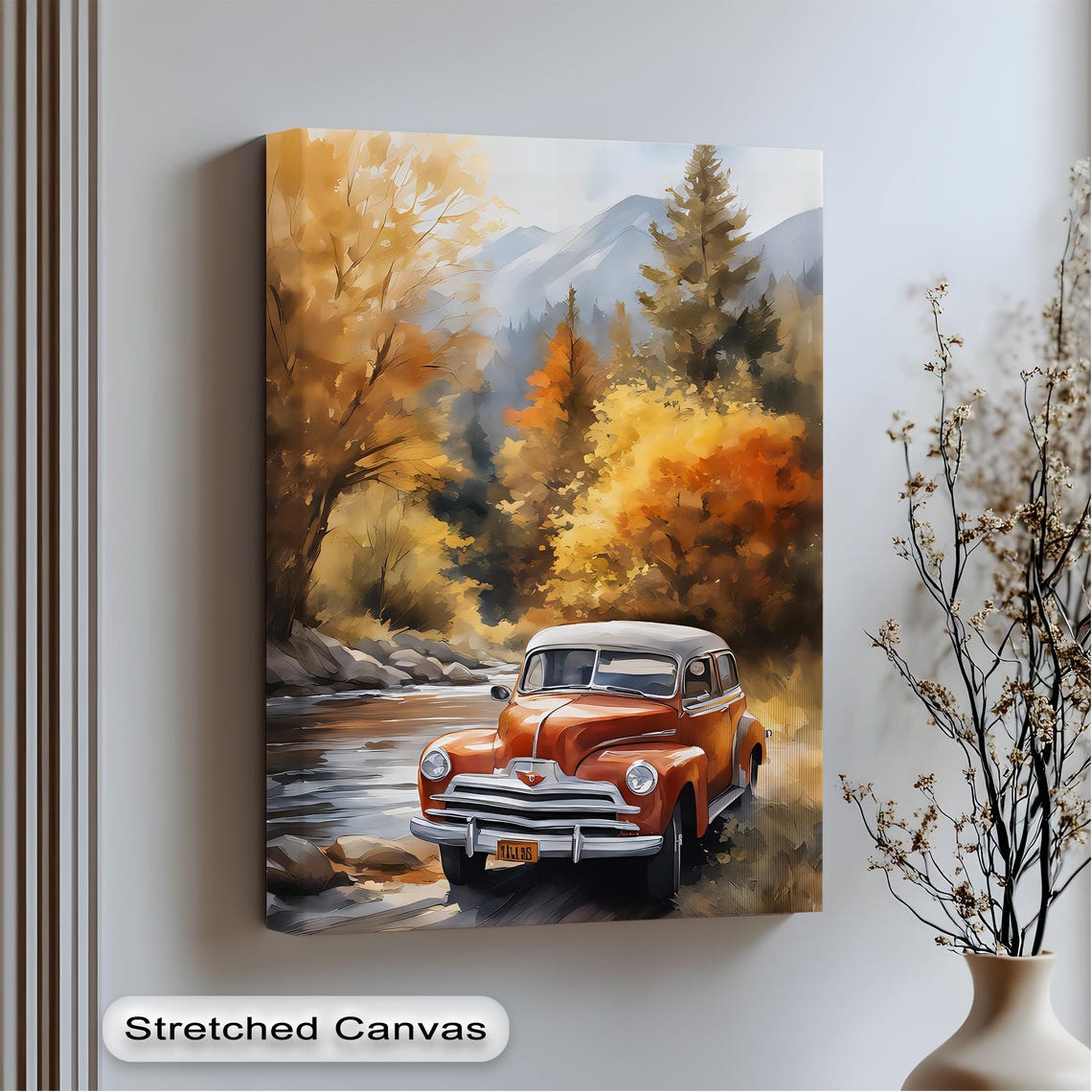 Red 1940s Classic Car Mountain Stream Autumn Painterly Art Poster