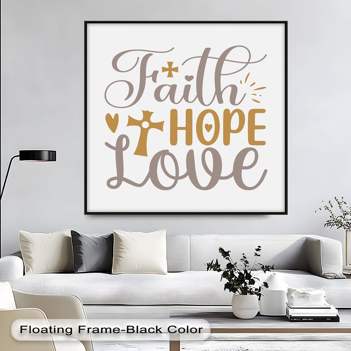 Faith Hope Love Script Gold Cross Christian Typography Wall Art