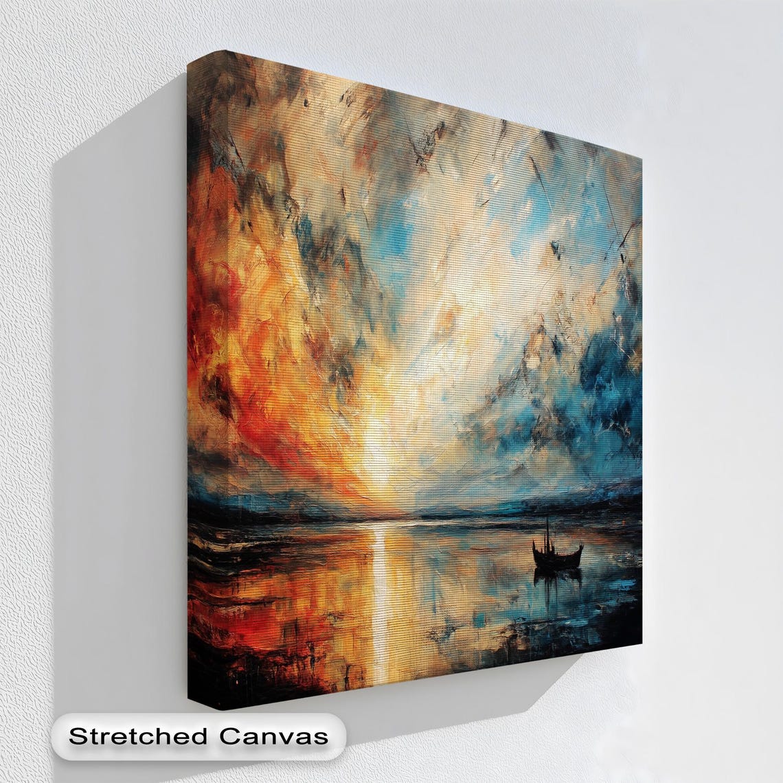Abstract Sunset Seascape Lone Boat Orange Blue Dramatic Sky Art Poster