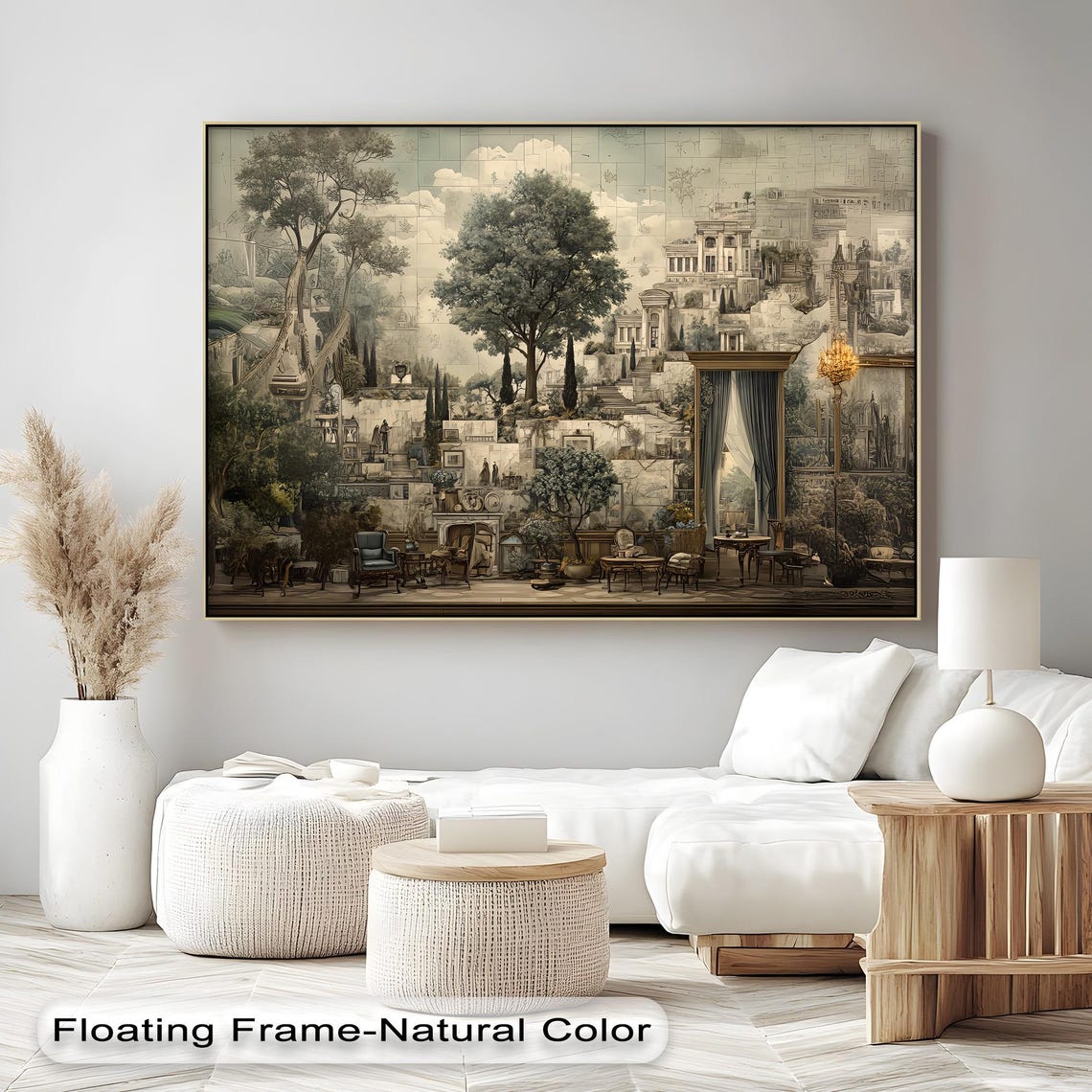 Classical Cityscape Canvas Wall Art Natural Frame Vintage Architecture Print For Elegant Interior Spaces