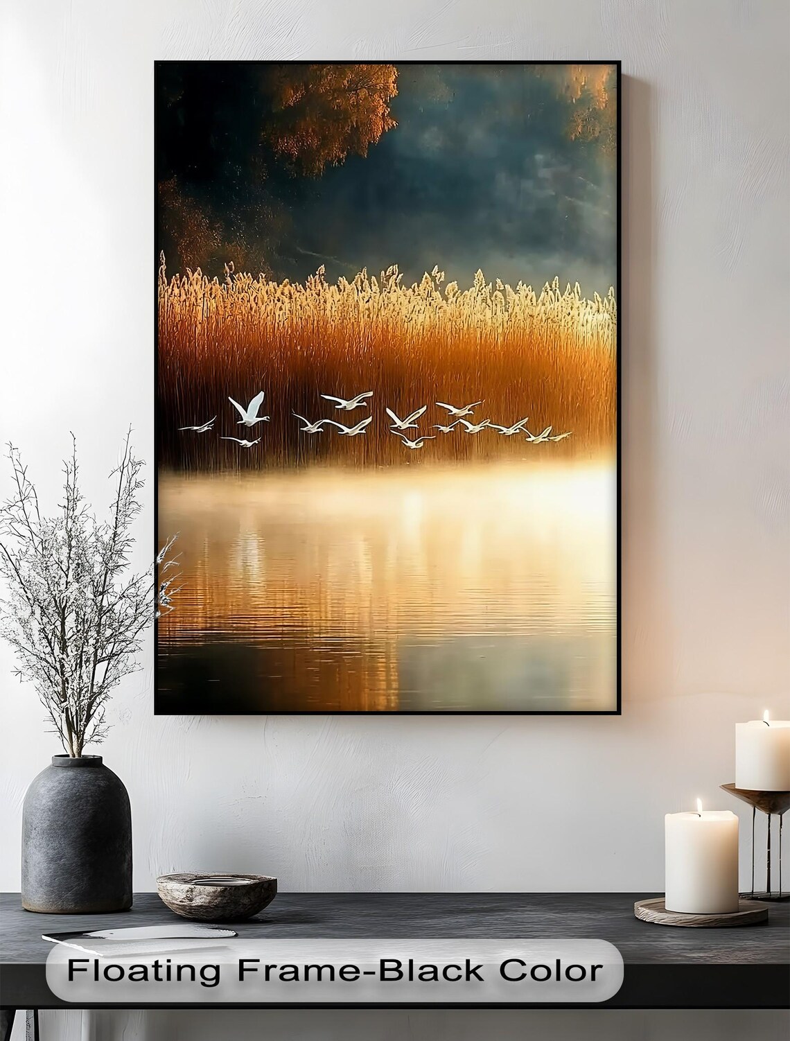 Golden Reeds Lake At Sunset Birds Flying Serene Canvas Wall Art