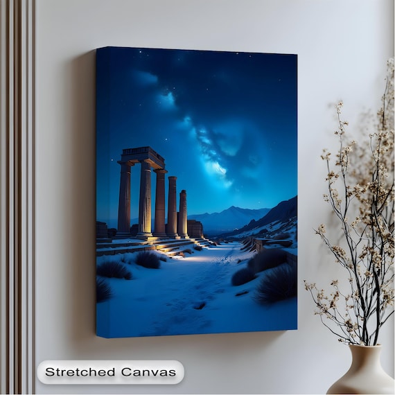Starry Night Over Snowy Ancient Ruins Milky Way Temple Poster