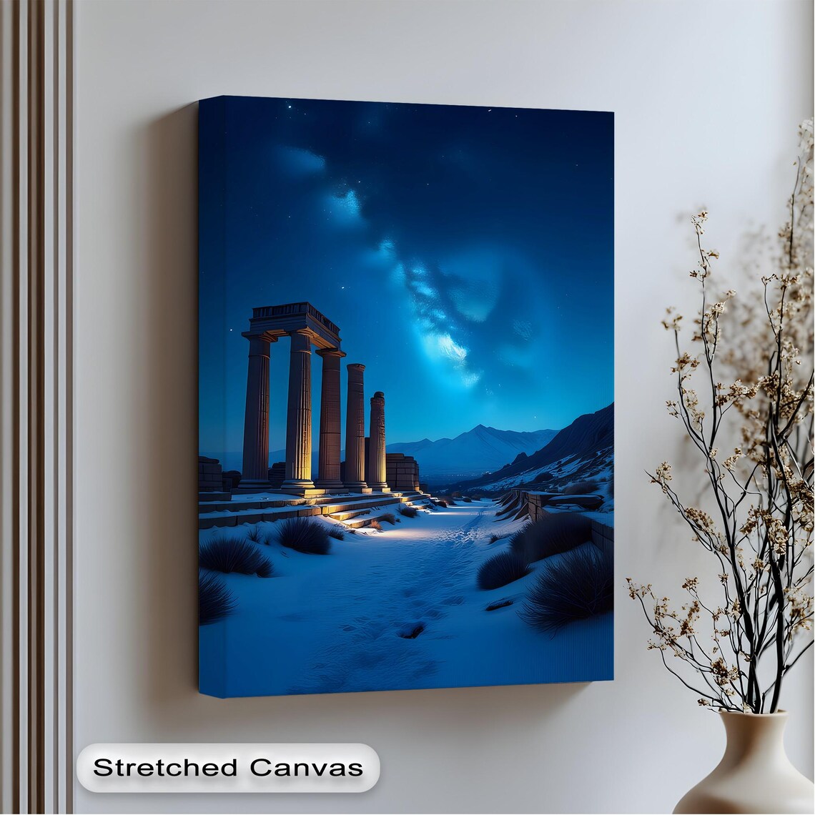 Starry Night Over Snowy Ancient Ruins Milky Way Temple Poster