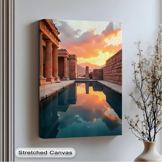 Ancient Temple Reflection Sunset Canvas Wall Art Stretched Vertical Print Classical Architecture Decor
