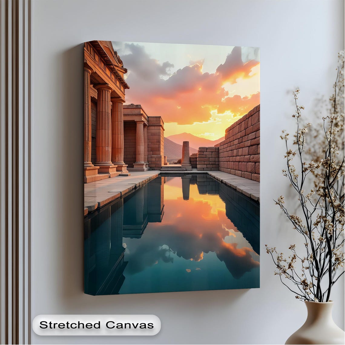 Ancient Temple Sunset Mirror Pool Pink Sky Stone Ruins Wall Art