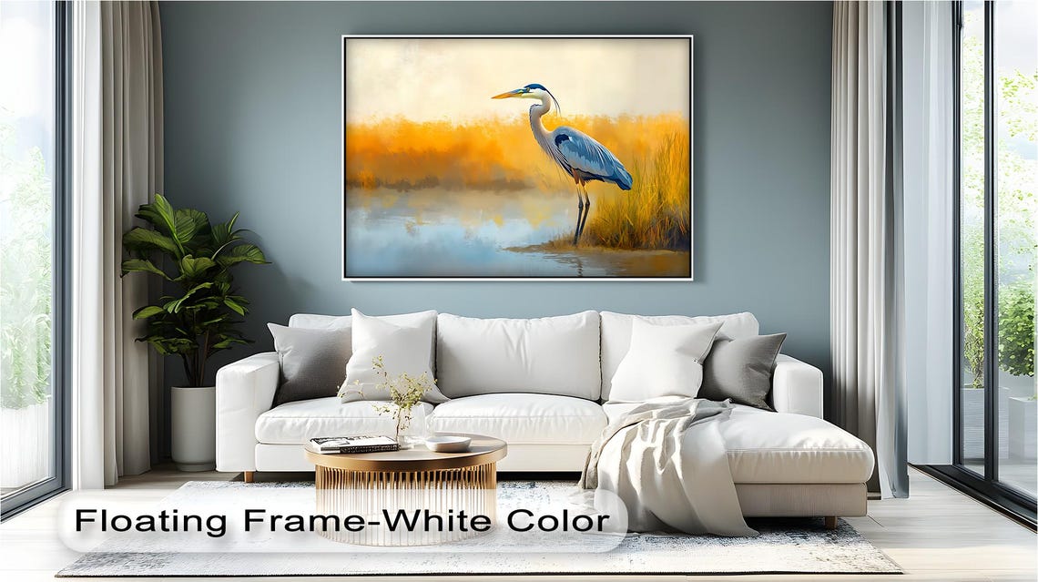 Great Blue Heron At Golden Marsh Sunset Wildlife Bird Art Poster