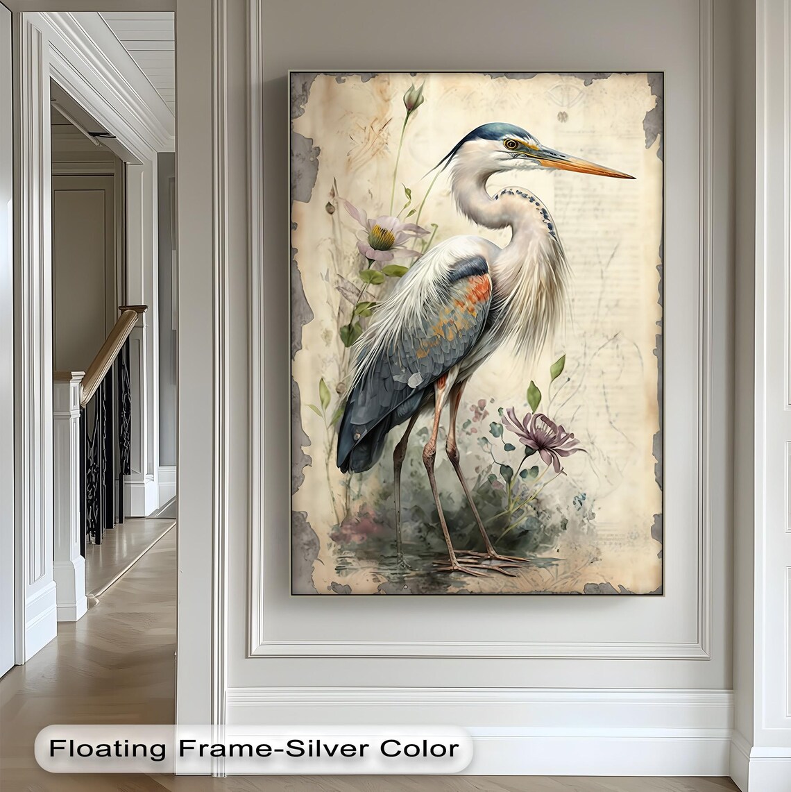 Vintage Blue Heron With Wildflowers Elegant Nature Bird Print