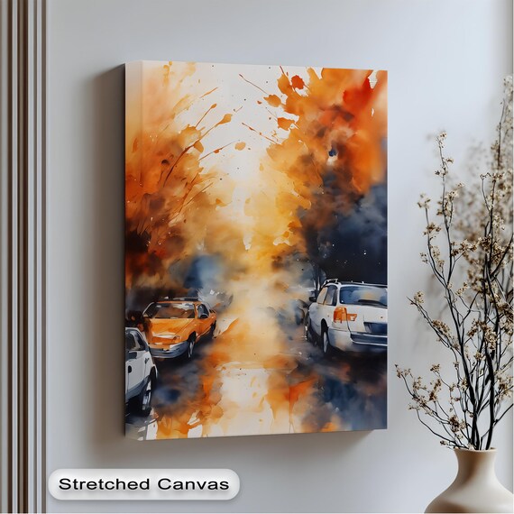 Watercolor Autumn City Street Wet Pavement Golden Fall Poster
