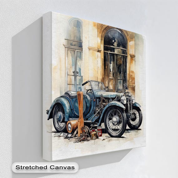 Vintage Blue Convertible Car Print Classic Auto Poster Historic Architecture