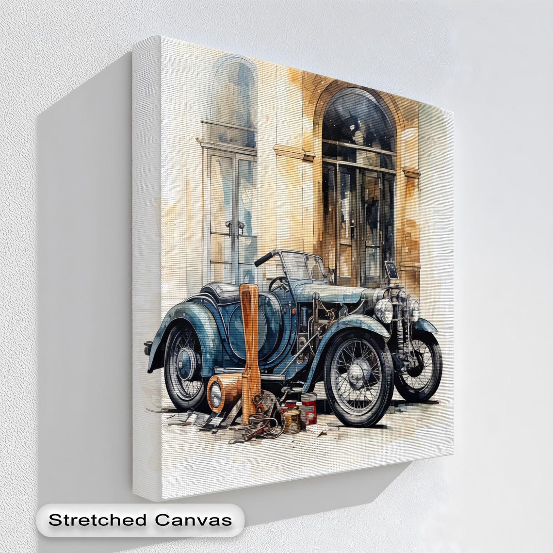 Vintage Blue Convertible Classic Car Street Repair Scene Print