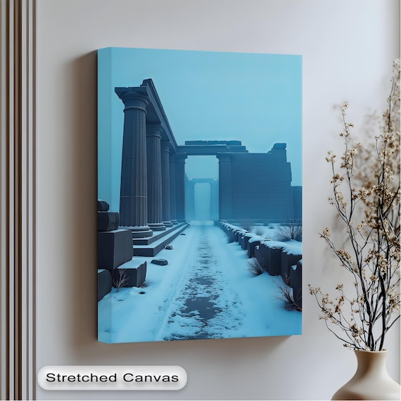 Snowy Ancient Temple Ruins Winter Blue Classical Columns Poster
