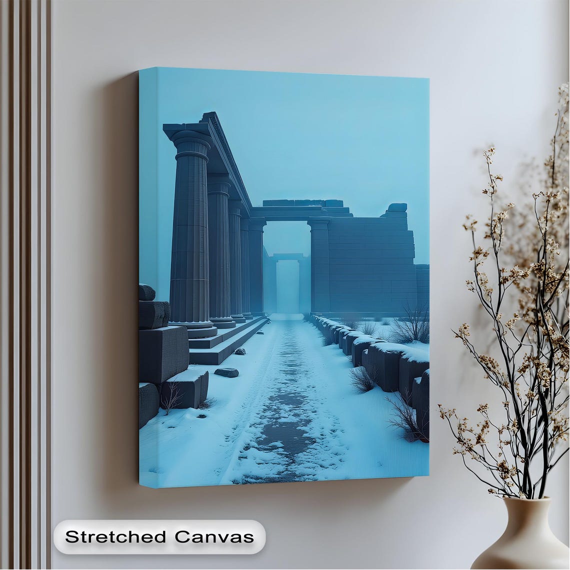 Snowy Ancient Temple Ruins Winter Blue Classical Columns Poster