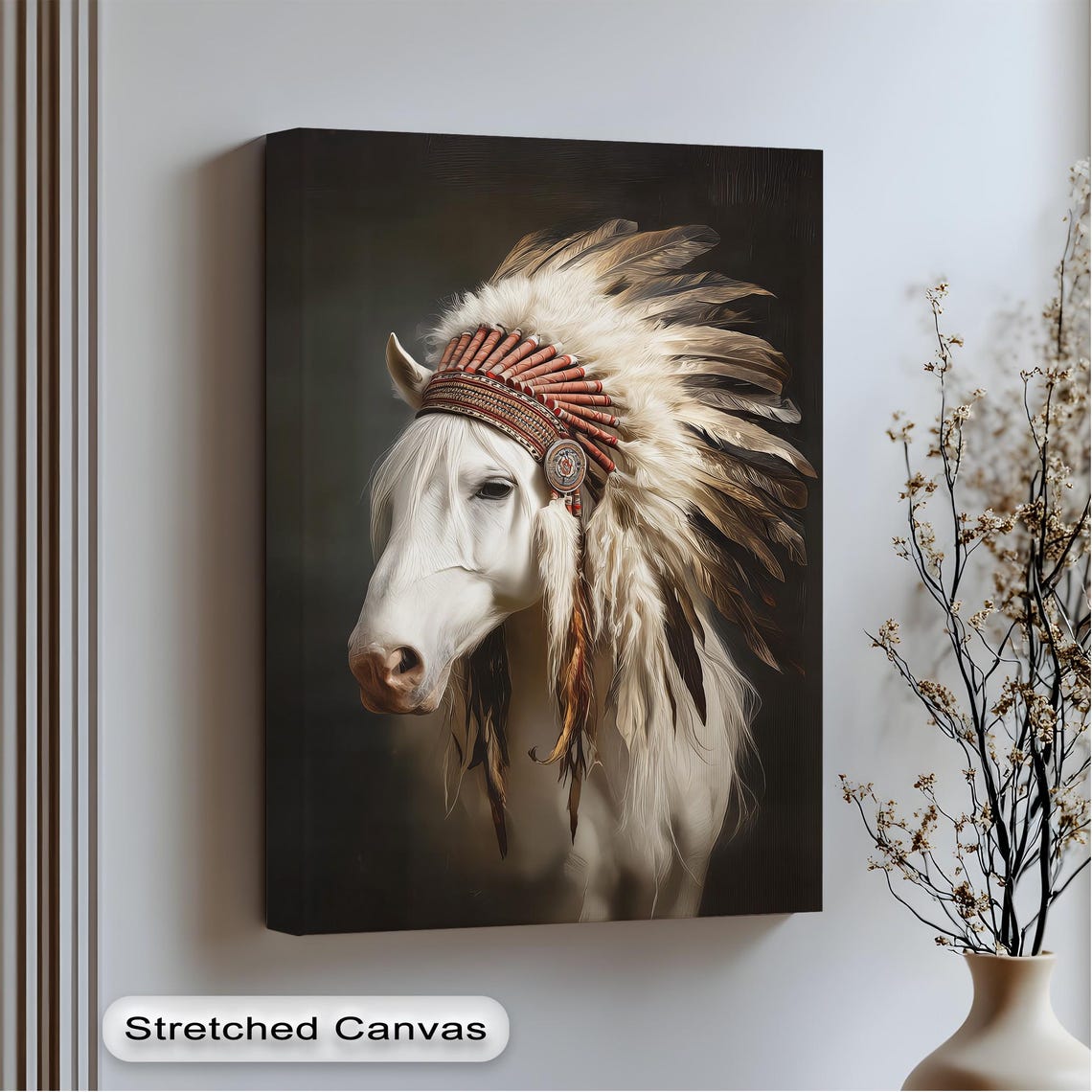 White Horse Feather Headdress Dark Background Regal Equine Poster