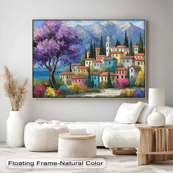 Mediterranean Village Canvas Art Purple Tree Landscape With Natural Frame