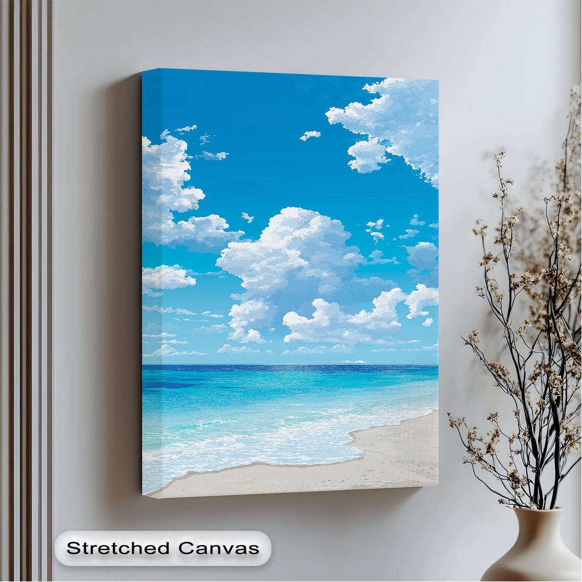 Bright Blue Beach With White Clouds Tropical Seascape Wall Art