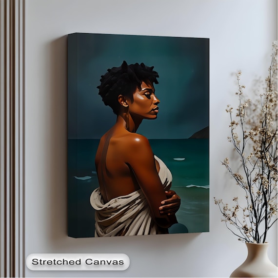Regal Black Woman Ocean Portrait Elegant Profile Canvas Poster