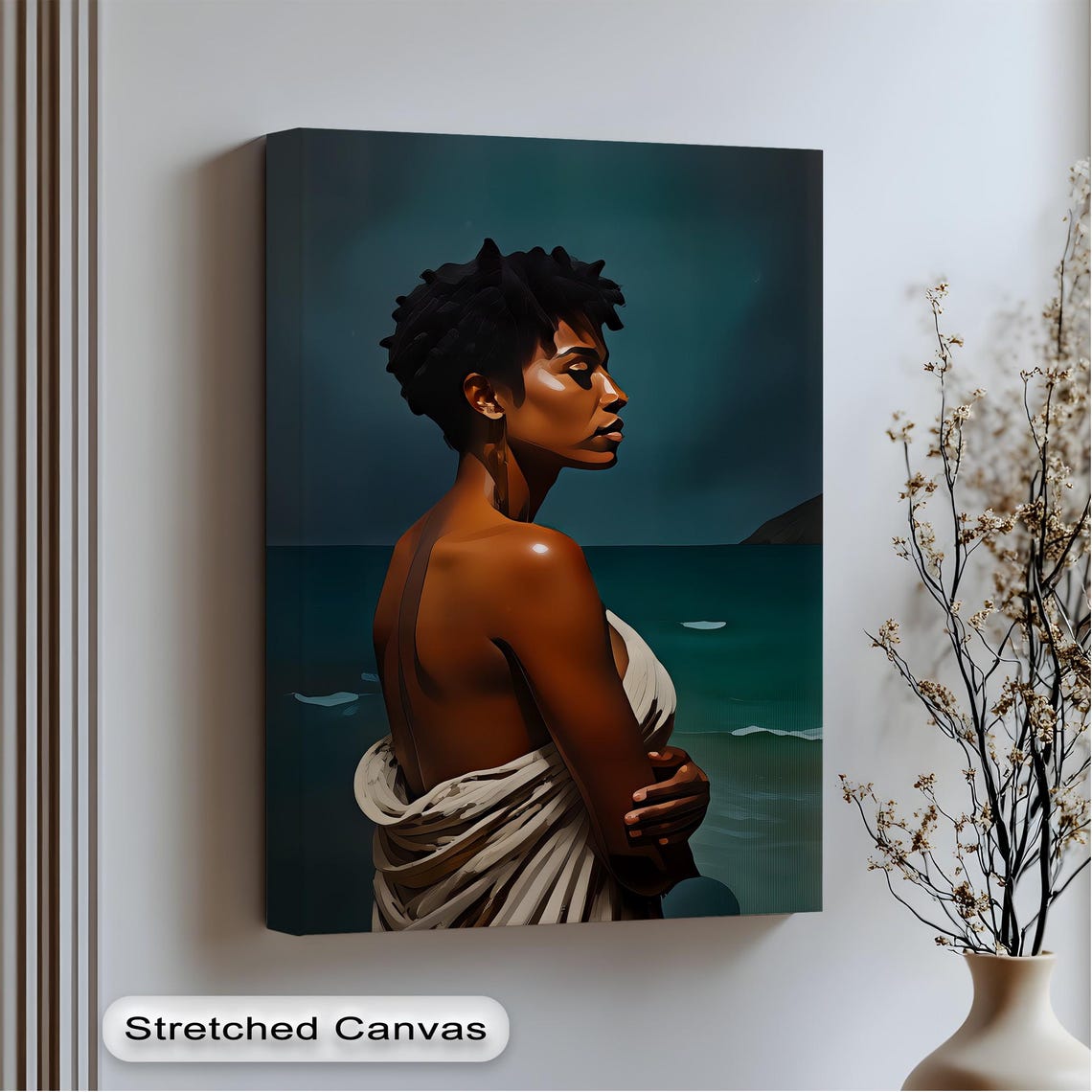 Regal Black Woman Ocean Portrait Elegant Profile Canvas Poster
