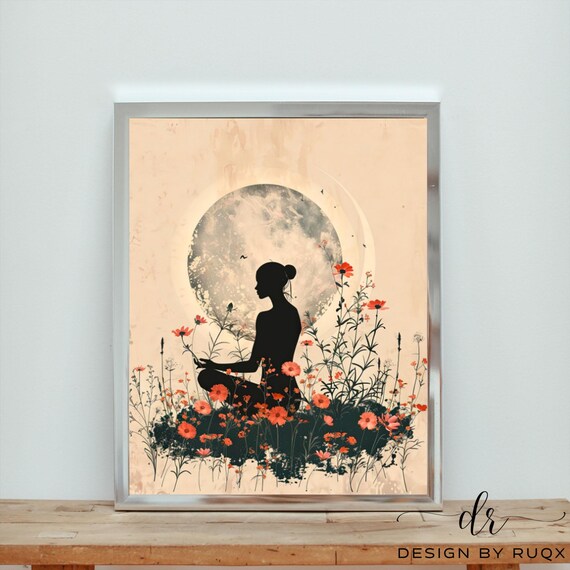 Moon Yoga Meditation Silhouette Wildflowers Zen Decor Poster