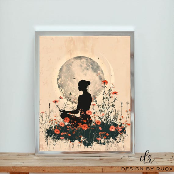 Zen Yoga Print Boho Moon Flower Meditation Wall Art