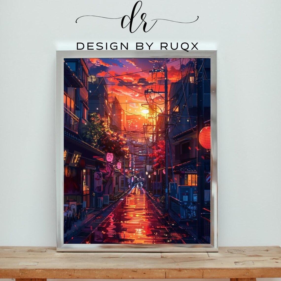 Japanese Anime Street Sunset Rain Reflections Cityscape Poster