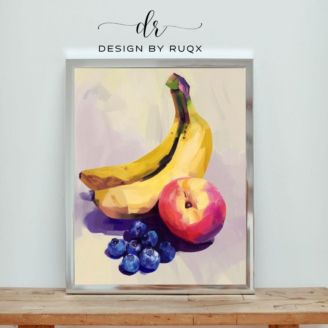 Banana Peach Blueberry Poster Colorful Fruit Still Life Kitchen Art